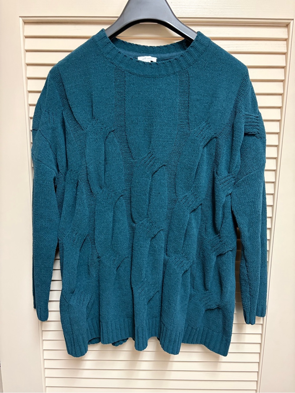 J Jill Chenille Cable Knit Sweater Womens M Teal Crew Neck Cozy Soft Cottagecore